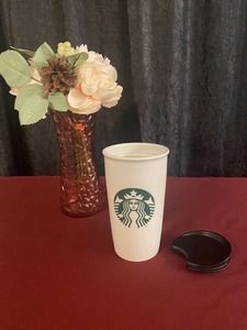 Starbucks 2016 Siren Mermaid White/Green Ceramic Travel Tumbler W/ Lid 12oz EUC